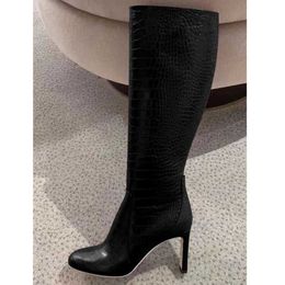 Station New Square Headed Thick Heel Ultra High Heel Side Zipper Stone Pattern Metal Knee Length Large Boots 231102