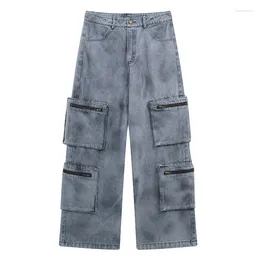 Men's Jeans Vintage Hi Street Baggy Pants Multi Pockets Loose Streetwear Denim Trousers For Male Blue