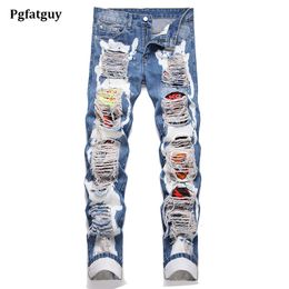 High Street Men's Ripped Cloth Jeans With Rupped Inner Fabric Slim-fit Straight Mid-waist Denim Pants Fashion Distressed Streetwear