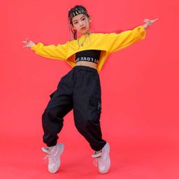 Children Hip Hop Clothing Sets Sweatshirt Black Vest Crop Top Cargo Pants for Girls Jazz Dance Costume School Dancing Tracksuits P230331