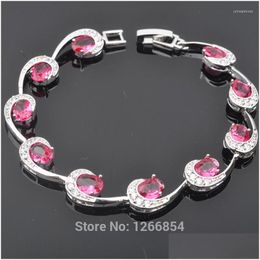 Chain Link Bracelets Rose Red Cubic Zirconia Bracelet For Women Sier Color Crystal Bridal Jewelry 2022 7 Inch R01256 Drop De Dhgarden Dh9Wd