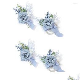 Decorative Flowers & Wreaths Decorative Flowers 4 Pcs Dusty Blue Cor And Boutonniere Set Accessories Wrist Flower Drop Delivery Home G Dhdij