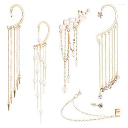 Hoop Earrings 4Pcs Long Chain Tassel Drop Cuff With Imitation Pearl Crystal Rhinestone Stud Ear For Women