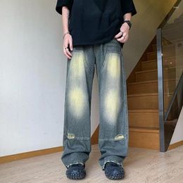 Men's Jeans High Waist Washed Distressed Straight Tube Wide Leg Pants Design Sense Hip Hop Premium Dragging Man's Clothing