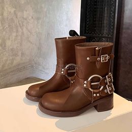 Miui shoe 2023 Early Autumn New Family Short Boots Women's Mid length Thick Heel Western Denim Boots Women's English Style Knight Boots