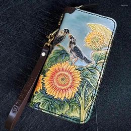 Wallets Vegetable Tanned Leather Hard Carving Sunflower Purses Men Long Clutch Zipper Bag Card Holder Year Gift