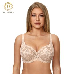 Bras DELIMIRA Women's Minimizer Bra Plus Size Lace Floral Full Coverage Sexy See Through Underwire Unlined Mesh Transparent DD E F G 231102