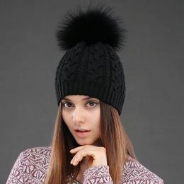 Beanie/Skull Caps CNTANG Women Double layer Knitted Hats Winter Warm Beanies Wool Hat With Pompom Natural Fur Raccoon Fashion Female Cap 231102