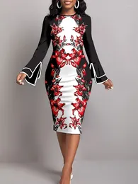 Casual Dresses 2023 Autumn For Women Ethnic Totem Print Trumpet Sleeve Long-sleeved Midi Work Dress Vestidos De Mujer Elegant