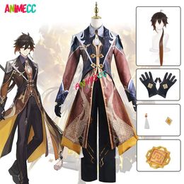 Genshin Impact Zhongli Zhong Li Cosplay Wig Earring Anime Game Halloween Party Costume for Men Full Sets cosplay