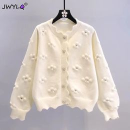 Women's Sweaters Korean Fashion Beads Wave Edge Cardigan Sweater Casual Oneck Singlebreasted Knitted Autumn Winter Streetwear Coats Top 231101