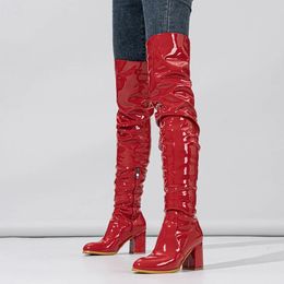 Boots Liyke Fashion Round Toe Motorcycle Thigh High Boot Red Pleated Patent Leather Over The Knee Shoes Zip Autumn Winter Heels 231101