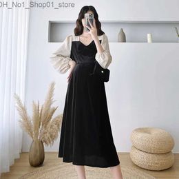 Maternity Dresses Pregnant Women Spring and autumn elegant temperament gentle wind show thin gold velvet long-sleeved even winter base dress Q231102