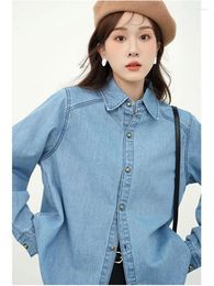 Women's Blouses Classic Basic Single-breasted Denim Spring Autumn Washed Turn-down Collar Shirts 2023 Simple All-match Loose Tops