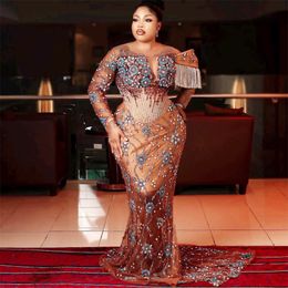 2023 Nov Aso Ebi Arabic Chocolate Mermaid Prom Dress Sequined Lace Illusion Evening Formal Party Second Reception Birthday Engagement Gowns Dresses Robe De Soiree