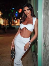 Casual Dresses Women Summer Sexy Square Collar Cut Out White Mid-Calf Bodycon Bandage Dress 2023 Elegant Tank Club Party