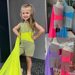 Girl Pageant Dress Romper Jumpsuit 2024 Chiffon Cape Crystal Stone Little Kid Birthday Formal Party Gown Toddler Teens Fun-Fashion Runway Hot Pink Blue One-Shoulder