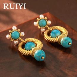 Stud Earrings Vintage Turquoise Pearl Metal Round Gold Color For Women Classics Jewelry S925 Silver Needle