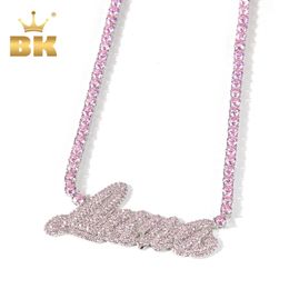 Pendant Necklaces THE BLING KING Custom Name Necklace Cursive Letter Iced Out Pink Cubic Zircon With Tennis Chain Fashion Hiphop Jewwlry 231101