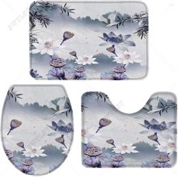 Bath Mats 3 Piece Rug Set Contour Mat & Lid Cover Chinese Style Brush Painting With Bamboo Egret Lotuses Memory Foam