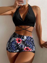 Women's Swimwear Black Two Pieces Bikini Set Women Halter Push Up Bandage Cross Leaves Print Pants High Waist Swimsuit Bathing Suit 2023