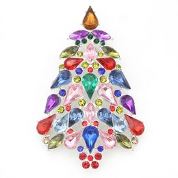 65MM Multicolor Rhinestone Christmas Tree Brooches Crystal Christmas Holiday Brooch Pin for Women