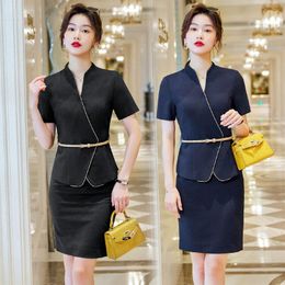 Two Piece Dress Summer Short Sleeve Slim Blue El Uniforms Two-Piece Set Professional Skirt Suit Beauty Club WorkwearTwo