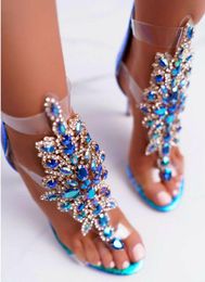 Sandals Bling Rhinestone Flower Clear PVC Transparent Strap Patchwork Peep Toe Glitter Crystal Wedding Shoe Summer Cutout Heels