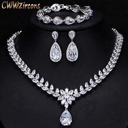 Elegant Women Wedding Jewellery African CZ Crystal Leaf Drop Bridal Necklace Bracelet and Earrings Jewelry Sets T294 210714264z