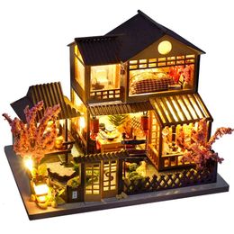 Doll House Accessories DIY Dollhouse Wooden Houses Miniature Furniture Kit Led Toys for Children Birthday Gift 231102