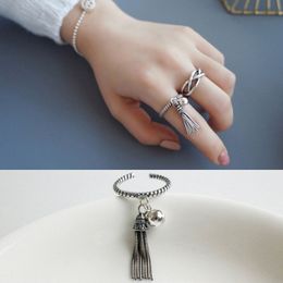 S925 Finger Ring for Decoration Sterling Silver Fashion Retro Old Twist Tassel Hanging Beads Open Adjustable Ring Drop Shipping YMR064