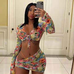 Women's Tracksuits Summer Floral Print 3 Piece Set Beach Wear Club Outfits For Women Vacation Crop Top And Ruched Mini Skirts Suits Matching