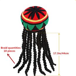 Africa Jamaican Rasta Hat with Braids Europen American Knitted Beret Cap for Party Cosplay Man and Woman Dress Up