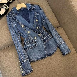 Women's Suits Spring Fashion Denim Jacket For Women Double-breasted Buttons Slim Blue Jean Motorcycle Biker Zipper Blazers Coats Mujer 2023