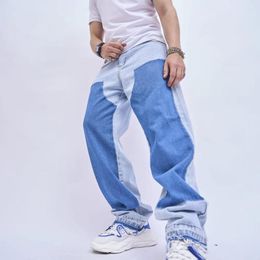 Men's Jeans 2023 Contrast Color Patched Straight Tall Wide Pants Male Denim Trousers