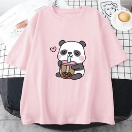 Women's T Shirts Bubble Boba Milk Panda Men/Women Aesthetic T-Shirt Manga Cartoon Kawaii Tops Cotton Tees Unisex High Quality Clothing