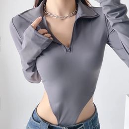 2023 New Casual Fashion Women's Half Zipper Tops Long-sleeved Stand Collar White Solid Pullover Bodysuit Jumpsuit Top