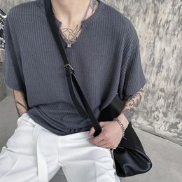 Men's T Shirts Summer Simple Stripe Short-sleeved T-shirt Men Loose Causal High Street Hollow Mesh Top Niche V-neck Tops Male Clothes