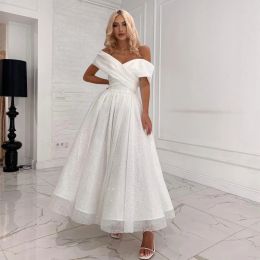 Elegant Short Wedding Dresses Off the Shoulder Glitter Tulle A Line Tea Length Bridal Gowns