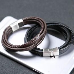 Charm Bracelets YISHENG 2023 Vintage Style Multi-layer Leather Braided Stainless Steel Bracelet Wholesale