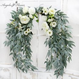 Faux Floral Greenery 1.5M Artificial Flower Row Runner Willow Leaf Garland Hanging Green Plants Vine Rattan Christmas Garden Home Wedding Table Decor 231102