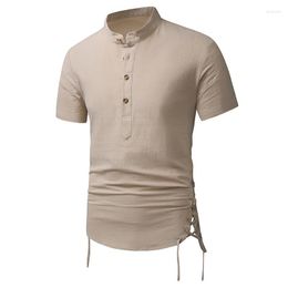 Men's Polos Euro Size Men's Solid Short Sleeve T-shirt 2023 Summer Man Cotton Linen Blend Stand Collar Beach Personality Polo Shirts