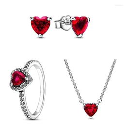 Cluster Rings Original Moments Elevated Red Heart Ring Earring With Crystal For Women 925 Sterling Silver Wedding Gift Fashion Jewellery