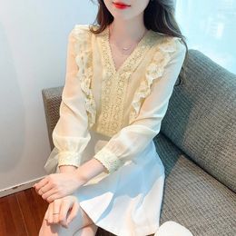 Women's Blouses Fashion Woman Blouse 2023 Elegant V-neck Chiffon Top For Women Vintage Autumn Ruffled Beautiful Shirt Slim Puff Sleeve Tops