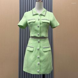 Work Dresses 2023 Spring Summer Style Light Green Color Sweet Women Two Pieces Sets Diamonds Lapel Short Coat Skirt With Pockets Button
