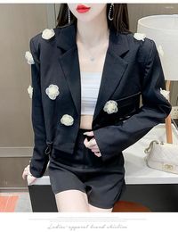 Women's Suits 2023 Short Small Suit Women Blazer Three-Dimensional Rose Black Coat Long-Sleeved Drawstring