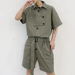 Men's Thermal Underwear Men Street One Piece Workwear Rompers Japanese Cityboy Tracksuits Summer Male Short Sleeve Shorts Genderless Cargo