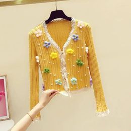 Women's Knits Heavy Industry Bead 3D Flower Lace Knitted Cardigan Women Tops Coat Autumn Chic Sweet Slim Short Sweater