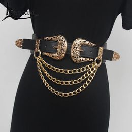 Belts Double Vintage Curving Metal Buckles PU Waist Belt For Women Multilayer Chain Elastic Designer Corset Dress Waistband 231101