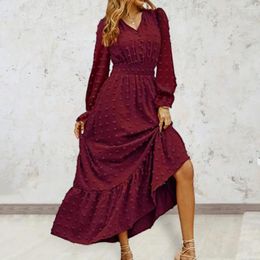 Casual Dresses Women Dress High Waist Boho Maxi V Neck Elastic Patchwork A-line Dot Applique Ruffle Hem Women's